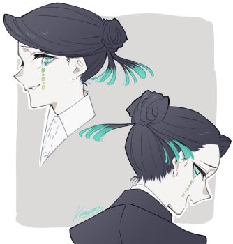 1boy alternate_hairstyle aqua_eyes artist_name black_hair black_jacket border buttons enmu_(kimetsu_no_yaiba) facial_mark fang furrowed_brow grey_background hair_bun jacket kawazu_(kwzuuun) kimetsu_no_yaiba looking_at_viewer male_focus multiple_views open_mouth outline outside_border parted_lips profile shirt short_hair signature simple_background skin_fang smile solo tears_facial_mark teeth trap white_border white_outline white_shirt wing_collar