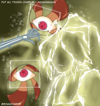 2others absurdres bloodshot_eyes electricity electrocution eyeball glowing headpat highres medium_hair multiple_others outline pain red_eyes rownou skeleton square touhou touhou_(pc-98) white_outline x-ray yuugenmagan