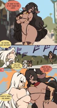 4girls animal_costume animal_ears animal_print bell bikini black_hair blonde_hair borrowed_character breasts confrontation cow_costume cow_ears cow_girl cow_hood cow_horns cow_print cow_print_bikini cow_print_gloves cow_print_thighhighs cow_tail cowbell dark-skinned_female dark_skin dodododo fake_horns gloves highres horns jojo_pose large_breasts long_hair meme menacing_(jojo) mother_and_daughter multiple_girls navel neck_bell nemumajo oh?_you're_approaching_me?_(meme) open_mouth original parody print_bikini print_gloves print_thighhighs scene_reference sound_effects swimsuit tail thighhighs walking