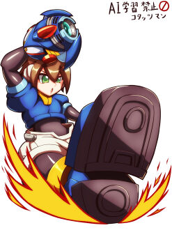 1girl absurdres aile_(mega_man_zx) arm_cannon black_bodysuit blue_jacket bodysuit brown_hair commentary_request cropped_jacket green_eyes highres jacket kotatuman_dash mega_man_(series) mega_man_x_(series) mega_man_x_dive mega_man_zx shorts simple_background sliding solo watermark weapon white_background white_shorts