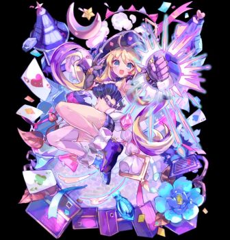 :d ahoge bandeau black_background black_hat blonde_hair blue_flower blush boots breasts building card clenched_hand crescent drill_hair earrings flower from_above full_body gloves grey_gloves hair_between_eyes hat highres house jewelry large_breasts long_hair looking_at_viewer merc_storia merc_storia_art_team official_art open_mouth outstretched_arm plaid_clothes plaid_shorts praial_(merc_storia) short_shorts shorts sidelocks simple_background smile solo stone_floor tachi-e twin_drills