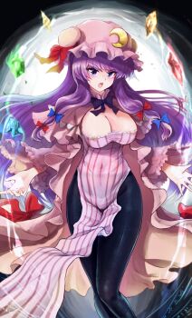 Rule 34 | 1girl, :o, black border, black bow, black bowtie, black pants, blue bow, blunt bangs, blush, border, bow, bowtie, breasts, capelet, casting spell, cleavage, commentary, cowboy shot, crescent, crescent hat ornament, crystal, double bun, english commentary, floating hair, frilled capelet, frilled tabard, frills, hair bow, hair bun, hat, hat bow, hat ornament, highres, jacket, large breasts, long hair, long sidelocks, long sleeves, low-tied sidelocks, magic circle, mob cap, namiki (remiter00), open mouth, outstretched arms, pants, patchouli knowledge, pink capelet, pink hat, pink jacket, purple eyes, purple hair, purple tabard, red bow, sidelocks, solo, striped clothes, tabard, touhou, v-shaped eyebrows, very long hair, white background, wide sleeves