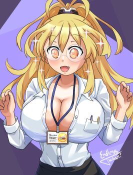 1girl :d absurdres alternate_costume black_skirt blonde_hair blush breasts character_name cleavage collared_shirt endlesstsubaki glasses hair_between_eyes hands_up happy highres id_card kami_jigen_game_neptune_v large_breasts long_hair long_sleeves looking_at_viewer neptune_(series) no_bra open_mouth orange_eyes partially_unbuttoned ponytail power_symbol power_symbol-shaped_pupils shirt skirt smile solo sparkle sparkling_eyes symbol-shaped_pupils undersized_clothes upper_body white_shirt yellow_eyes yellow_heart_(neptunia)