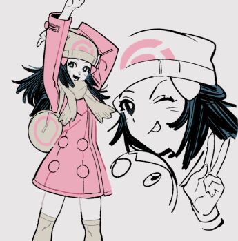 1girl :p beanie black_eyes black_hair bright_pupils coat commentary_request dawn_(pokemon) gen_4_pokemon hair_ornament hairclip hat korean_commentary limited_palette long_hair looking_at_viewer multiple_views nintendo one_eye_closed open_mouth pankepen pink_coat piplup pokemon pokemon_(creature) pokemon_dppt pokemon_platinum scarf simple_background socks solo_focus standing tongue tongue_out upper_body v white_background white_hat white_pupils white_scarf white_socks
