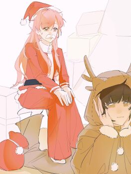 Rule 34 | 2girls, absurdres, animal costume, animal ear hood, animal ears, antlers, bell-bottoms, belt, black belt, blunt bangs, box, box stack, brown hair, brown jumpsuit, buttons, chinese commentary, christmas, closed mouth, collared shirt, commentary request, cosplay, deer ears, fake animal ears, fake facial hair, fake mustache, full body, fur-trimmed headwear, fur-trimmed jacket, fur-trimmed sleeves, fur trim, gift, guangui38414, hands on own knees, happy, hat, highres, hood, hood up, hooded jumpsuit, horned hood, horns, infinity nikki, jacket, jumpsuit, kigurumi, layered sleeves, lips, long hair, long sidelocks, long sleeves, looking ahead, looking at another, multiple girls, nervous, nikki (nikki), nikki (series), on box, onesie, open clothes, open jacket, pants, parted lips, pink hair, pom pom (clothes), red hat, red jacket, red pants, reindeer antlers, reindeer costume, sack, santa costume, santa hat, shirt, shoes, sidelocks, sitting, sleeve cuffs, smile, stitches, stylist (nikki), sweat, sweatdrop, upper body, very long hair, wavy hair, white background, white shirt, white shoes