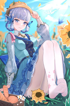 1girl adjusting_clothes adjusting_headwear arm_support ayaka_(genshin_impact) blue_dress blue_eyes blue_sky braid braided_hair_rings brown_hat closed_mouth commentary_request dress field flower flower_field genshin_impact grey_hair hair_flower hair_ornament hair_rings hat hat_flower highres kamisato_ayaka kamisato_ayaka_(springbloom_missive) long_sleeves looking_at_viewer no_shoes official_alternate_costume paid_reward_available pantyhose puffy_long_sleeves puffy_sleeves sitting sky smile solo sunflower sunflower_field white_flower white_pantyhose xuxuxu yellow_flower
