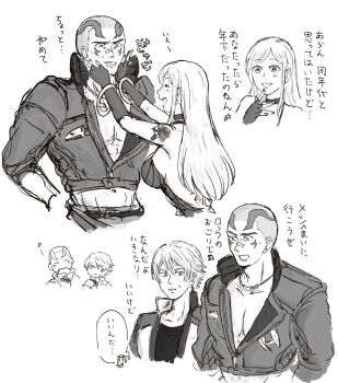 Rule 34 | 1girl, 2boys, arm tattoo, b. jenet, backless dress, backless outfit, bracelet, breasts, choker, dress, fatal fury, fatal fury: city of the wolves, fingerless gloves, gloves, highres, jacket, jewelry, large breasts, long hair, multiple boys, rock howard, sideboob, smile, snk, tattoo, the king of fighters, translation request