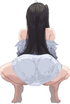 1girl ass_shake azur_lane back black_hair highres long_hair off_shoulder official_alternate_costume satou_daiji shirt side_ponytail soles solo spread_legs squatting taihou_(azur_lane) taihou_(seaside_daydreams)_(azur_lane) twerking white_background wide_spread_legs