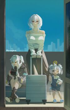 3girls :p abby_(wuthering_waves) absurdres aged_down alternate_costume black_skirt blue_hair breasts buling_(wuthering_waves) closed_mouth collarbone commentary doll english_commentary hair_between_eyes highres holding holding_doll large_breasts lennykaise long_skirt looking_at_viewer multiple_girls nintendo_switch one_eye_closed orange_eyes purple_eyes shirt shorekeeper_(wuthering_waves) side_ponytail sitting skirt smile suitcase tongue tongue_out twitter_username white_shirt wuthering_waves youhu_(wuthering_waves)