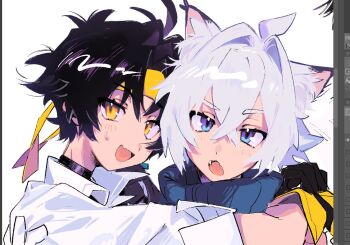 2boys animal_ear_fluff animal_ears art_program_in_frame asaba_harumasa black_hair blue_sweater blush cat_boy cat_ears choker colored_tips commentary_request fang fangs gloves hair_between_eyes hair_intakes headband hug_from_side implied_yaoi looking_at_viewer male_focus multicolored_hair multiple_boys open_mouth parted_bangs portrait purple_eyes ribbed_sweater seth_lowell shirt short_hair skin_fang sleeves_rolled_up sweatdrop sweater white_background white_hair white_shirt yellow_eyes yellow_gloves yellow_headband yzyz630 zenless_zone_zero