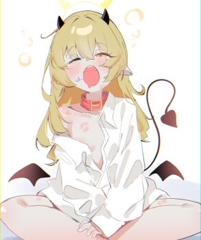 1girl absurdres alternate_costume alternate_hairstyle animal_collar black_horns black_tail black_wings blonde_hair blue_archive borrowed_clothes collar collarbone collared_shirt crossed_bangs demon_girl demon_horns demon_tail demon_wings drooling feet_out_of_frame flat_chest gen_(unzzenasd) hair_between_eyes half-closed_eyes halo hand_on_own_leg hickey_marks highres horns ibuki_(blue_archive) loli long_hair long_sleeves looking_at_viewer low_wings off_shoulder one_eye_closed open_mouth partially_unbuttoned pointy_ears red_collar shirt simple_background single_bare_shoulder single_off_shoulder sitting solo straight_hair stray_pubic_hair tail teardrop teeth thighs upper_teeth_only very_long_hair white_background white_shirt wings yawning yellow_eyes yellow_halo