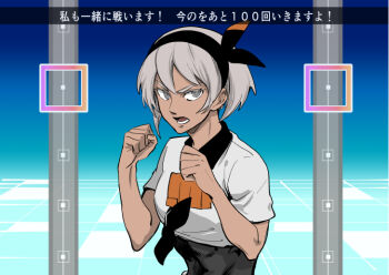 1girl bea_(pokemon) black_bodysuit black_hairband bodysuit bodysuit_under_clothes bow_hairband clenched_hands collared_shirt commentary_request eyelashes fighting_stance fitness_boxing grey_eyes grey_hair hairband hands_up lower_teeth_only monji_samonji nintendo open_mouth pokemon pokemon_swsh print_shirt shirt short_sleeves solo square teeth translation_request upper_body