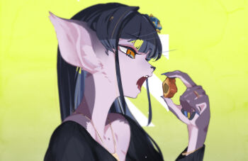 1girl animal_nose bad_id bad_twitter_id black_hair blue_nails eating food furry furry_female green_background hair_intakes hair_ornament holding holding_food idkuroi jewelry light_particles long_hair multicolored_nails necklace noire_kooshe open_mouth orange_eyes original pawpads profile purple_fur ring simple_background solo teeth yellow_nails