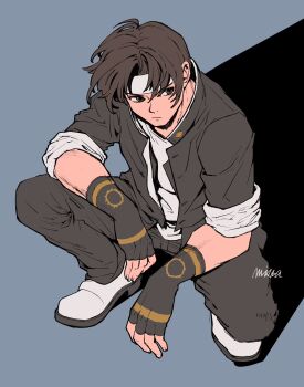 Rule 34 | 1boy, black gloves, black jacket, black pants, brown eyes, brown hair, closed mouth, commentary request, crew neck, fingerless gloves, frown, gloves, headband, highres, jacket, kusanagi kyou, looking to the side, male focus, mista0930, open clothes, open jacket, pants, parted hair, shirt, shoes, sideways glance, signature, sleeves rolled up, solo, the king of fighters, white headband, white shirt, white shoes