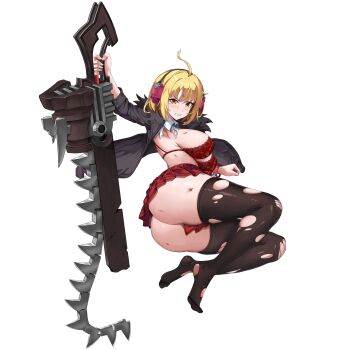 Rule 34 | 1girl, ahoge, ass, black jacket, black thighhighs, blonde hair, blush, bra, bracelet, breasts, broken, broken weapon, bruise, bruise on arm, bruise on chest, chainsaw, checkered clothes, checkered skirt, clenched teeth, collared shirt, food, full body, fur-trimmed jacket, fur trim, hair ornament, haru estia, headphones, highres, holding, holding sword, holding weapon, huge ass, injury, jacket, jewelry, lace, lace-trimmed bra, lace bra, lace trim, large breasts, last origin, looking at viewer, lying, miniskirt, non-web source, official alternate costume, official art, on side, open clothes, open jacket, pleated skirt, red bra, red skirt, shirt, short hair, sideboob, simple background, skirt, solo, soulworker, sword, tachi-e, tearing up, teeth, thick thighs, thighhighs, thighs, torn clothes, torn shirt, torn thighhighs, transparent background, u-rix, underboob, underwear, v-shaped eyebrows, weapon, white shirt, yellow eyes