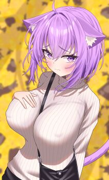1girl absurdres animal_ear_fluff animal_ears bag between_breasts blurry blurry_background blush breasts cat_ears cat_girl cat_tail closed_mouth commentary covered_erect_nipples crossed_bangs double-parted_bangs hair_between_eyes hand_on_own_chest highres hololive kumoru_(kumoru_145) large_breasts long_sleeves looking_at_viewer nekomata_okayu purple_eyes purple_hair ribbed_sweater short_hair shoulder_bag solo strap_between_breasts sweater tail turtleneck turtleneck_sweater wavy_mouth