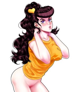 1girl blush bottomless covered_erect_nipples genderswap genderswap_(mtf) higashikata_josuke jojo_no_kimyou_na_bouken naked_shirt no_jacket ponytail pout purple_eyes pussy shirt solo t-shirt tariah_furlow yellow_shirt