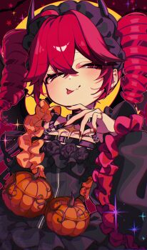 1girl alternate_costume black_dress black_hairband commentary demon_horns dress drill_hair frilled_dress frills hairband half-closed_eyes halloween hand_up highres horns jewelry kasane_teto looking_at_viewer pumpkin red_eyes red_hair red_nails ring shigure_(rinky_creater) solo symbol-only_commentary tongue tongue_out twin_drills upper_body utau