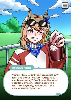 1girl alternate_universe animal_ears blue_bow blue_neckerchief blue_sky bow brown_hair can character_name cloud cloudy_sky dialogue_box dr_pepper drink_can ear_bow english_text eyewear_on_head grass grin hand_up highres holding holding_can horse_ears horse_girl incoming_gift jacket kemonomimi_mode lettuce_(lettusea) looking_at_viewer neckerchief one_eye_closed orange_eyes outdoors polka_dot_neckerchief railing red_jacket regulus_(reverse:1999) reverse:1999 short_hair sky smile soda_can solo sunglasses teeth tracen_training_uniform track_jacket tree twitter_username umamusume upper_body user_interface