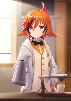 1girl animare blurry blurry_background coffee_pot cup disposable_coffee_cup disposable_cup highres jacket kazami_kuku looking_at_viewer nanashi_inc. nishino_eri orange_eyes orange_hair short_hair smile solo virtual_youtuber window