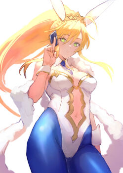 Rule 34 | 1girl, ahoge, animal ears, artoria pendragon (fate), artoria pendragon (swimsuit ruler) (fate), artoria pendragon (swimsuit ruler) (first ascension) (fate), bare shoulders, blonde hair, blue pantyhose, blush, braid, breasts, card, cleavage, clothing cutout, detached collar, fate/grand order, fate (series), feather boa, french braid, gold trim, green eyes, hair between eyes, highleg, highleg leotard, highres, large breasts, leotard, long hair, looking at viewer, miyamoto satoru, navel, navel cutout, necktie, pantyhose, playboy bunny, playing card, ponytail, rabbit ears, sidelocks, solo, thighs, tiara, white leotard, wrist cuffs