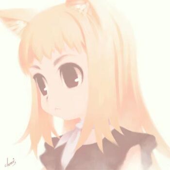 1girl animal_ear_fluff animal_ears artist_name black_dress black_eyes black_sleeves blonde_hair cat_ears cat_girl closed_mouth commentary crew_neck dated_commentary dress expressionless long_hair lowres neckerchief nekomimi_no_nakuza no_lineart pale_color short_sleeves solo straight_hair tanaka_kunihiko upper_body white_background white_neckerchief