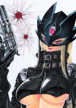 1girl beelstarmon black_mask black_shirt blonde_hair breasts bullet_hole cropped_shirt digimon digimon_(creature) eye_mask gun highres holding holding_gun holding_weapon large_breasts long_hair mask miura_satoru pink_eyes purple_lips shirt simple_background solo third_eye trigger_discipline underboob upper_body weapon white_background