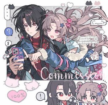 blush character_request commentary_request copyright_request evodtonaeco heart long_hair long_sleeves looking_at_viewer multiple_girls open_mouth red_eyes smile tagme