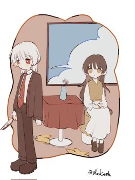 1boy 1girl blackseek blood bloody_knife blush bouquet brother_and_sister brown_cardigan brown_hair brown_pants brown_shoes cardigan cloud collar collared_dress collared_shirt diagonal-striped_clothes diagonal-striped_necktie dress dress_shirt flower frilled_collar frilled_sleeves frills hashtag-only_commentary highres holding holding_knife knife loafers long_dress long_hair long_sleeves necktie pants petals red_eyes red_necktie saihate_eki shirt shoes short_hair siblings sitting standing striped_clothes table tatsunami_shion tenjiku_aoi vase very_long_hair white_dress white_hair white_shirt yellow_eyes