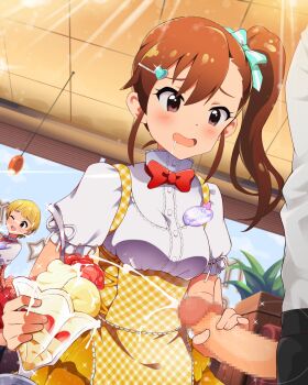 2girls ;d cum cum_on_body cum_on_food ejaculation facial food fukuda_noriko futami_mami handjob highres ice_cream idolmaster idolmaster_million_live! kim_da-yoon multiple_girls one_eye_closed open_mouth penis penis_grab restaurant smile waitress