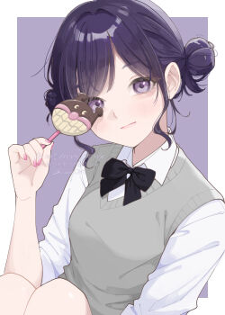 Rule 34 | 1girl, black bow, black bowtie, blush, border, bow, bowtie, breasts, candy, closed mouth, collared shirt, commentary request, double bun, dress shirt, fingernails, food, green sweater vest, hair bun, hand up, highres, holding, holding candy, holding food, knees up, looking at viewer, medium breasts, nail polish, nozawa (nooo1709), original, outside border, pink nails, purple background, purple eyes, purple hair, school uniform, shirt, short hair, sidelocks, sitting, sleeves rolled up, solo, sweater vest, swept bangs, twitter username, watermark, white border, white shirt