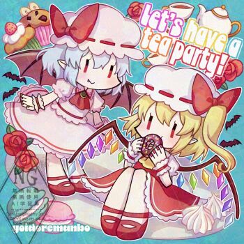 2girls adversarial_noise alto2019 ascot bat_wings blonde_hair blue_hair bow chibi chibi_only closed_mouth commentary_request crystal crystal_wings cup cupcake donut eating english_text fang fang_out flandre_scarlet food frilled_skirt frills hat hat_bow holding holding_donut holding_food macaron mob_cap multicolored_wings multiple_girls one_side_up pink_hat pink_shirt pink_skirt plate puffy_short_sleeves puffy_sleeves red_ascot red_bow red_eyes red_shoes red_skirt red_vest remilia_scarlet sample_watermark shirt shoes short_sleeves siblings signature sisters skirt skirt_set tea teacup teapot touhou vest watermark watermark_grid white_hat white_shirt wings wrist_cuffs yellow_ascot