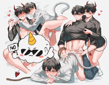 3boys absurdres anal animal_ears black_hair black_nails black_shirt clone_harem clothes_lift collared_shirt commentary demon_horns demon_tail denim english_commentary full_body furry furry_male hair_between_eyes highres horns jeans kim_dokja male_focus mouse_boy mouse_ears mouse_tail multiple_boys official_alternate_costume omniscient_reader's_viewpoint open_clothes open_shirt pants papercider rope shirt shirt_lift short_hair sleeves_rolled_up spread_legs tail top-down_bottom-up white_shirt yaoi yoo_joonghyuk