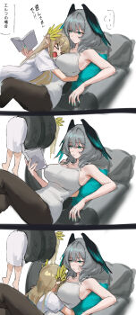 >_< ... 2girls absurdres aged_down alternate_costume aqua_eyes aqua_nails aqua_wings arknights bare_arms barefoot black_pants black_wings blonde_hair book breasts child closed_eyes closed_mouth crossed_legs feet_out_of_frame fingernails full_body grey_hair head_wings highres ho'olheyak_(arknights) holding holding_book holding_with_tail hug large_breasts looking_at_object lying medium_hair muelsyse_(arknights) multicolored_wings multiple_girls nail_polish pants prehensile_tail reading shirt short_sleeves sleeveless t-shirt tail tank_top translation_request two-tone_wings uof white_shirt white_tank_top wings