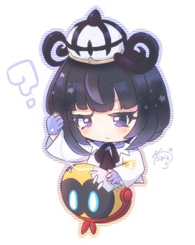 1girl ? bag black_dress black_hair blush character_bag chibi chibi_only closed_mouth coat commentary_request dress falinks gen_8_pokemon gloves gradient_hair gwynn_(pokemon) hat highres long_sleeves multicolored_hair nintendo open_clothes open_coat partially_fingerless_gloves pokemon pokemon_legends:_z-a purple_eyes purple_hair sewing solo upper_body warachi330 white_background white_coat