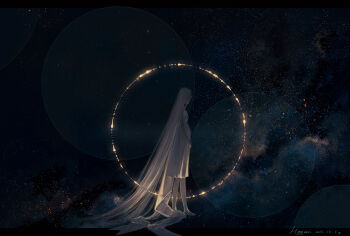 1girl absurdly_long_hair bare_arms barefoot breasts circle dated dress from_side glowing hengwen letterboxed light_particles long_hair original outside_border pregnant signature solo standing straight_hair train_(clothing) very_long_hair white_dress white_hair wide_shot