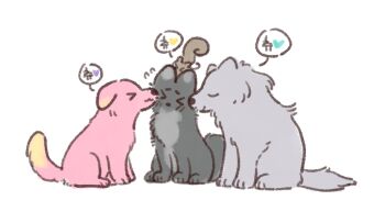 Rule 34 | > <, animal, animal focus, animalization, anyoji hime, basil (wgh0anzdple3asf), commentary, dog, embarrassed, flying sweatdrops, fox, grey wolf, hasu no shoushihenkei, kachimachi kosuzu, katsuragi izumi, korean text, link! like! love live!, love live!, momose ginko, no humans, pink dog, simple background, squirrel, translation request, virtual youtuber, white background, wolf