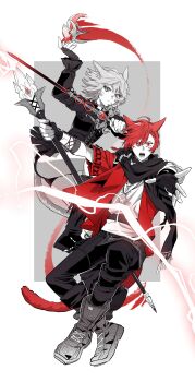 1boy 1girl absurdres animal_ears black_scarf black_shirt black_shorts cat_boy cat_ears cat_girl cat_tail commentary_request final_fantasy final_fantasy_xiv g&#039;raha_tia grey_eyes grey_hair highres holding holding_staff holding_sword holding_weapon jacket korean_commentary miqo&#039;te open_mouth rapier red_eyes red_hair red_jacket red_mage_(final_fantasy) rotm4gier scarf shirt short_hair short_shorts shorts staff sword tail warrior_of_light_(ff14) weapon white_background white_shirt