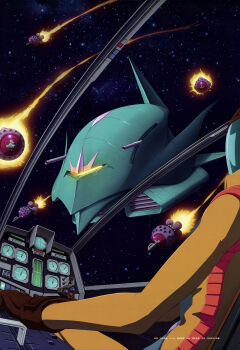 1girl absurdres artist_request battle beam_cannon bit_(gundam) core_booster earth_federation elmeth gundam gundam_perfect_file helmet highres magazine_scan mecha mecha_pilot_suit mobile_armor mobile_suit_gundam nebula official_art pilot promotional_art robot sayla_mass scan scene_reference science_fiction space space_helmet spacecraft spacecraft_interior spacesuit star_(sky) starfighter thrusters traditional_media war zeon zero_gravity