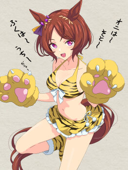 1girl adapted_costume animal_ears animal_hands bikini blush breasts brown_background brown_hair brown_tail cleavage commentary_request flower-shaped_pupils frilled_skirt frills fur-trimmed_shoes gloves halterneck highres horse_ears horse_girl horse_tail looking_at_viewer medium_breasts miniskirt navel oni_costume open_mouth paw_gloves paw_pose pink_eyes sakura_laurel_(oni_laurel)_(umamusume) sakura_laurel_(umamusume) short_hair simple_background skirt smile solo swimsuit symbol-shaped_pupils tail teeth thighs translation_request umamusume upper_teeth_only yellow_bikini yellow_skirt zenbrush2