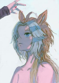 2girls absurdres ahoge animal_ears closed_mouth dream_journey_(umamusume) highres horse_ears horse_girl implied_incest jewelry long_sleeves medium_hair multicolored_hair multiple_girls nail_polish open_hand orange_hair orfevre_(umamusume) pineconete reaching reaching_towards_another ring simple_background sleeves_past_wrists umamusume white_background white_hair