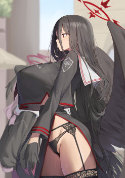 2girls absurdres black_gloves black_hair black_panties black_serafuku black_shirt black_skirt black_wings blue_archive blurry blurry_background breasts closed_eyes commentary crop_top crop_top_overhang feathered_wings from_side gloves hair_between_eyes halo hasumi_(blue_archive) highres huge_breasts karadborg koharu_(blue_archive) long_hair long_hair_between_eyes low_wings mole mole_under_eye multiple_girls oversized_wings panties red_eyes red_halo school_uniform serafuku shirt side_slit skindentation skirt solo_focus thighs underwear very_long_hair wings