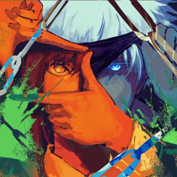 Rule 34 | 1boy, 1girl, blindfold, blindfold lift, blue eyes, chain, chainsaw man, collared shirt, color contrast, colored eyelashes, commentary, contrast, crossover, death battle, double finger gun, english commentary, eyelashes, finger frame, finger frame over eye, finger gun, gojou satoru, hands up, highres, jujutsu kaisen, kornart, long sleeves, looking at viewer, makima (chainsaw man), portrait, red hair, ringed eyes, shirt, single sidelock, splatter, split theme, straight-on, trait connection, twitter username, white eyelashes, white hair, white shirt, yellow eyes