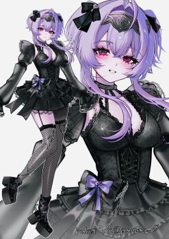 1girl absurdres alternate_costume black_dress black_garter_straps breasts commentary_request dress fishnet_thighhighs fishnets full_body garter_straps goddess_of_victory:_nikke grin hair_intakes highres jirai_kei liberalio_(nikke) medium_breasts multiple_views platform_shoes purple_hair red_eyes rettou_01 shoes short_hair_with_long_locks short_twintails smile solo thighhighs thighs twintails white_background