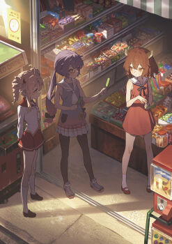 3girls ahoge arcade_cabinet arms_behind_back black_legwear black_ribbon blue_eyes brown_eyes brown_hair candy collar collared_dress dress drill_hair food from_above gacha_(game_mechanic) gachapon_(object) gashapon headgear highres holding holding_food holding_toy long_hair long_sleeves low_twintails miniskirt multiple_girls neck_ribbon neckerchief otomachi_una otomachi_una_(talkex) pantyhose platinum_blonde_hair pleated_skirt pointy_ears purple_dress purple_hair red-framed_eyewear red_collar red_dress red_skirt ribbon sailor_collar school_uniform semi-rimless_eyewear shirt shoes shop short_hair skirt sleeveless sleeveless_dress slice_of_life sneakers talkex touhoku_kiritan toy tsuina-chan twin_drills twintails vending_machine vocaloid voiceroid white_collar white_neckerchief white_shirt yamamomo_(plank) yellow_eyes