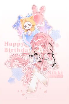 Rule 34 | ahoge, balloon, bare legs, barefoot, belt, black belt, black bow, black ribbon, bow, bow choker, bowtie, bra strap, brown eyes, character name, chinese commentary, choker, cloak, closed mouth, commentary request, ear covers, english text, floating hair, flower, frilled shirt, frilled skirt, frilled sleeves, frills, gradient background, hair bow, hair ribbon, happy, happy birthday, highres, holding, holding balloon, hood, hood up, hooded cloak, infinity nikki, knees, layered skirt, light blush, long hair, long sidelocks, long sleeves, low twintails, medium skirt, momo (nikki), nikki (nikki), nikki (series), off-shoulder shirt, off shoulder, open mouth, outline, perfect start (infinity nikki), petals, pink background, pink bow, pink bowtie, pink choker, pink eyes, pink flower, pink hair, pink skirt, pleated skirt, print skirt, puffy long sleeves, puffy sleeves, rabbit balloon, red bow, red bowtie, ribbon, ripples, shirt, sidelocks, single stripe, skirt, sleeve bow, smile, snowflake print, star balloon, striped bow, striped bowtie, striped choker, striped clothes, traditional bowtie, tress ribbon, twintails, two-tone background, very long hair, wavy hair, whimstar (infinity nikki), whiskers, white background, white outline, white shirt, white skirt, yarn, yellow cloak, yuer changzui