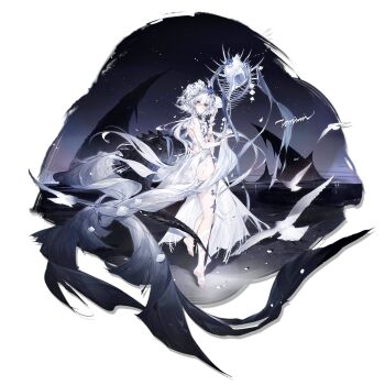 1girl arknights bare_shoulders barefoot bird blue_flower braid casual_one-piece_swimsuit chuzenji crocodilian_tail dress flower flower_wreath from_behind full_body hair_flower hair_ornament head_wreath highres holding holding_staff large_tail long_hair looking_at_viewer looking_back night ocean official_alternate_costume official_art one-piece_swimsuit outdoors seashell shell sky solo staff starfish swimsuit tail tomimi_(arknights) tomimi_(silent_night)_(arknights) transparent_background very_long_hair water white_flower white_hair white_one-piece_swimsuit yellow_eyes