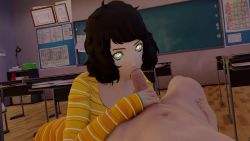 1boy 1girl 20s 3d animated atlus blender_(medium) blue_eyes book brown_hair bulletin_board chalkboard classroom clothed_female_nude_male desk dutch_angle eh erection fellatio green_eyes hetero highres holding hypno_eyes hypnosis indoors interior kawakami_sadayo lamp long_sleeves looking_at_viewer looping_animation lying megami_tensei mind_control multicolored_eyes nude on_back oral penis penis_grab persona persona_5 pov ringed_eyes school shin_megami_tensei shirt short_hair solo_focus striped_clothes striped_shirt submission teacher uncensored video white_eyes yellow_eyes yellow_shirt