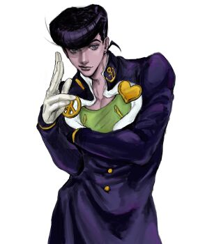 1boy blue_eyes diamond_wa_kudakenai gloves higashikata_josuke highres jojo_no_kimyou_na_bouken male_focus massara pectoral_cleavage pectorals purple_hair school_uniform simple_background smile solo white_background white_gloves
