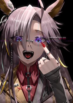 1girl ahoge amekudaki animal_ears black_background brown_hair collared_shirt commentary_request dream_journey_(reminder_of_dreamland)_(umamusume) dream_journey_(umamusume) english_text glasses hair_over_one_eye highres horse_ears horse_girl jewelry long_hair long_sleeves looking_at_viewer multiple_rings open_mouth purple_eyes red_nails red_shirt ring sharp_teeth shirt simple_background solo teeth umamusume